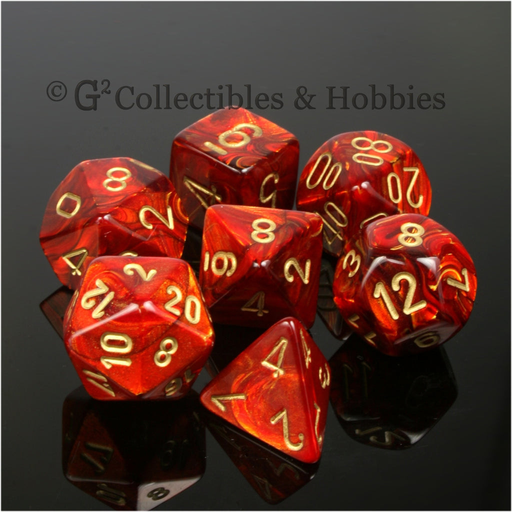 RPG Dice Set Scarab Scarlet Red with Gold Numbers 7pc