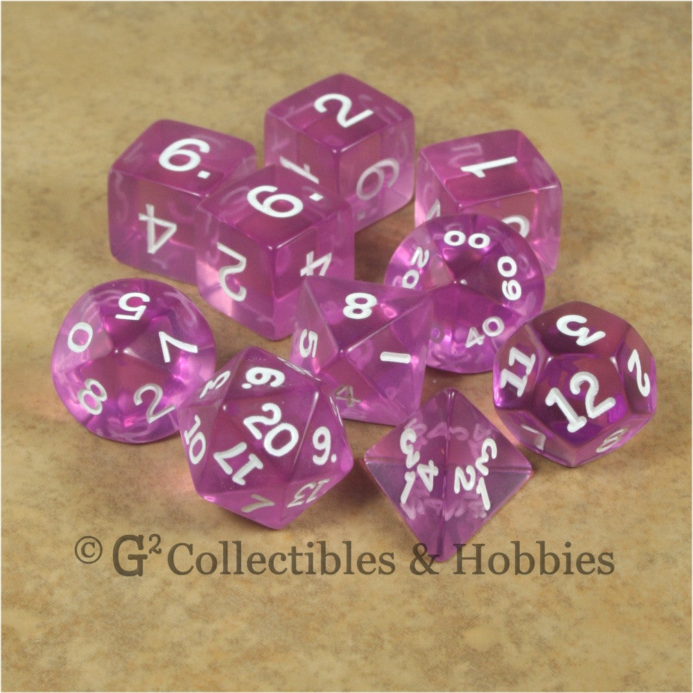 RPG Dice Set Transparent Orchid with White Numbers 10pc