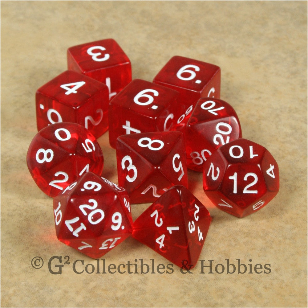 RPG Dice Set Transparent Red with White Numbers 10pc