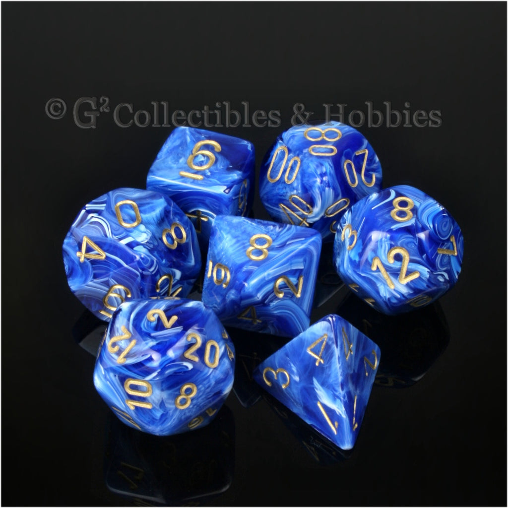 RPG Dice Set Vortex Blue with Gold Numbers 7pc